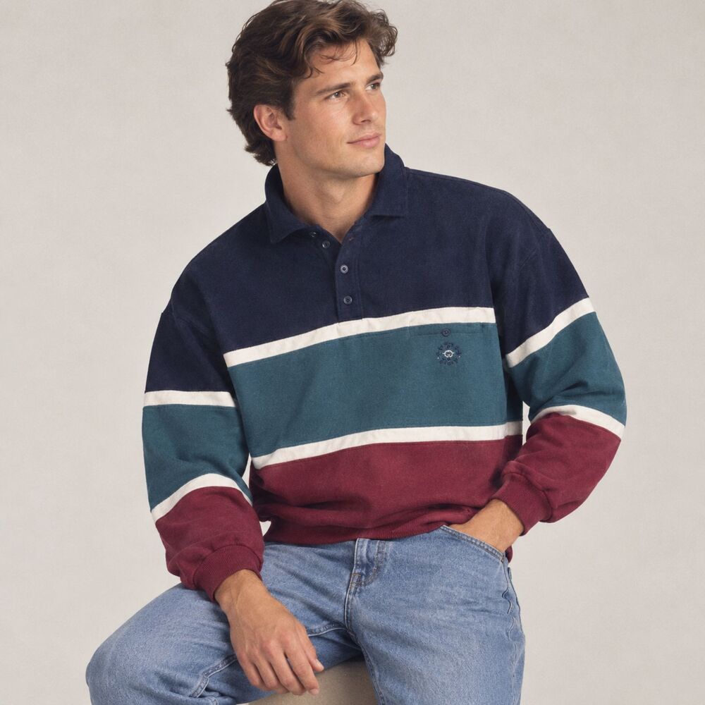 Cherokee, 90s Men's Collared Polo Long Sleeve Horizontal Stripe Sweatshirt, XL